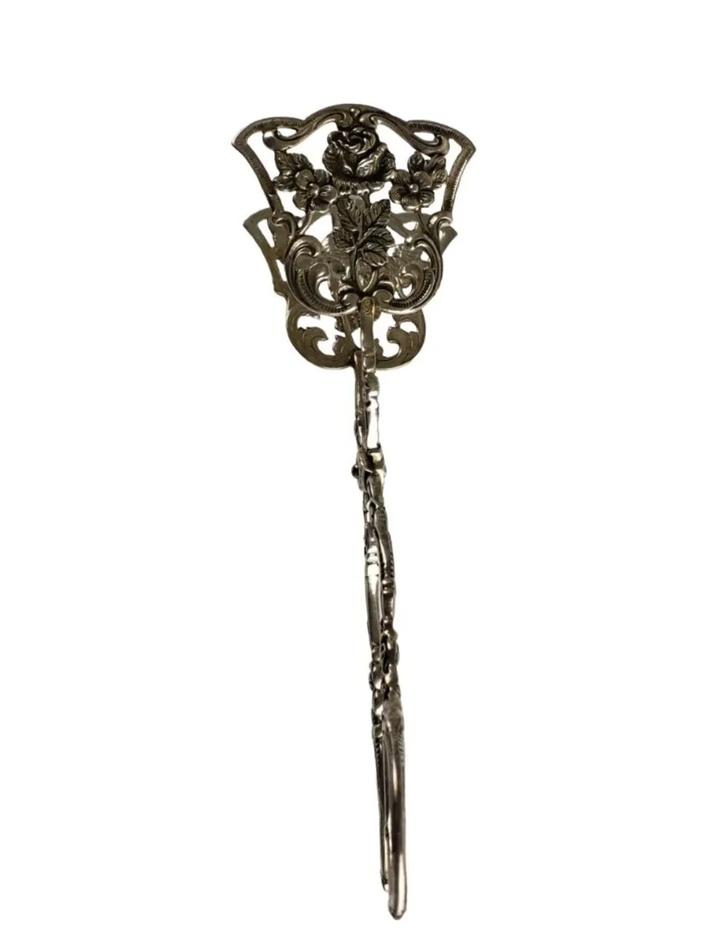 Antique German 800 European Silver Rose Pattern Pastry Tong & Server Set